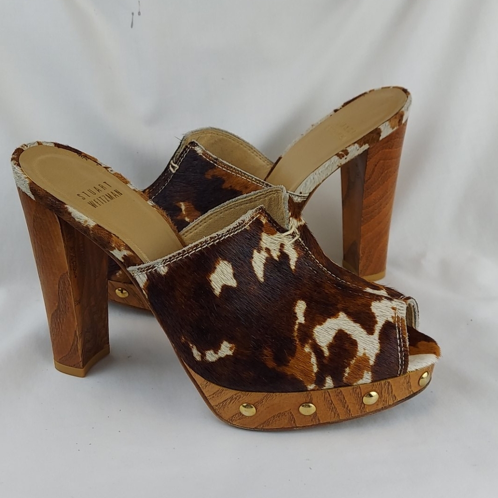Stuart Weitzman Open Toe Calf Hair Studded Mules